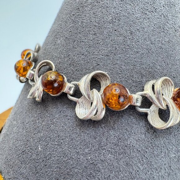 VTG Sterling Silver 925 Amber Interlocking Station Bracelet Size 7.5" Length - Picture 4 of 12